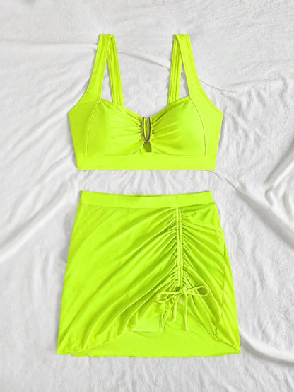 jeederkim New Summer Women's Bikini Top With Metal Decoration, Paired With Matching Transparent Mini Skirt, Perfect For Summer Beach Wear Vacation