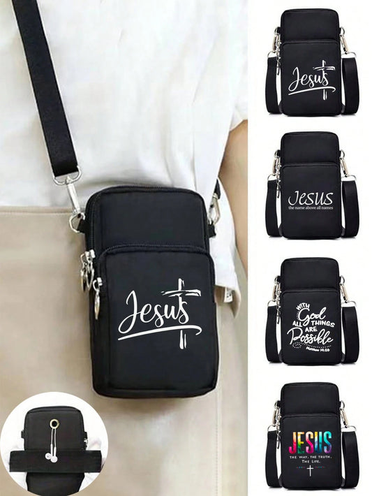 Jesus Cross Print Sling Bag, Mini Outdoor Sports Handbag With Earphone Hole, Phone Pouch, Arm Pouch, Coin Purse, Shoulder Bag, Adjustable Strap, Multi-Zipper Vertical Wallet, Outdoor Sports Arm Pouch