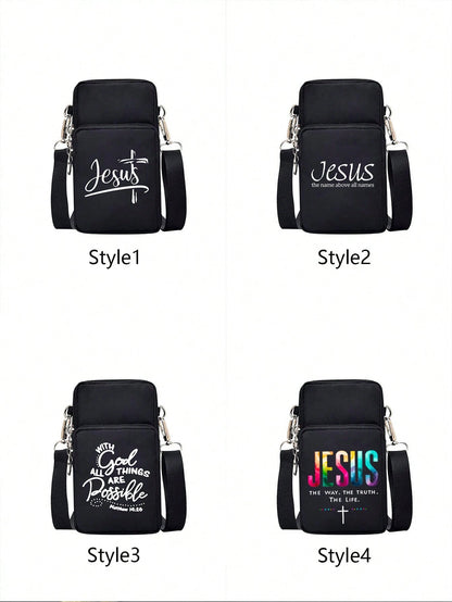 Jesus Cross Print Sling Bag, Mini Outdoor Sports Handbag With Earphone Hole, Phone Pouch, Arm Pouch, Coin Purse, Shoulder Bag, Adjustable Strap, Multi-Zipper Vertical Wallet, Outdoor Sports Arm Pouch