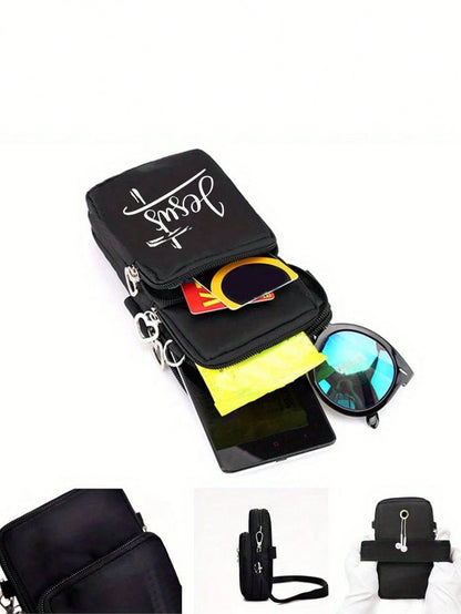 Jesus Cross Print Sling Bag, Mini Outdoor Sports Handbag With Earphone Hole, Phone Pouch, Arm Pouch, Coin Purse, Shoulder Bag, Adjustable Strap, Multi-Zipper Vertical Wallet, Outdoor Sports Arm Pouch