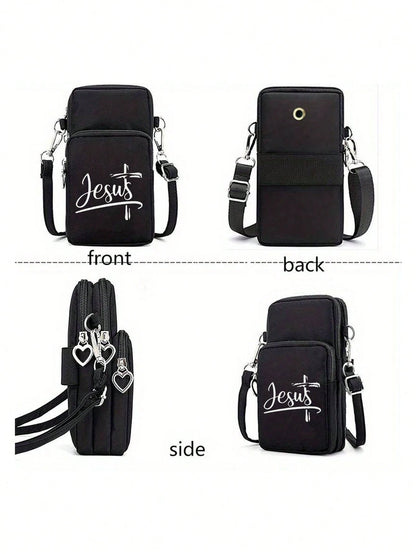 Jesus Cross Print Sling Bag, Mini Outdoor Sports Handbag With Earphone Hole, Phone Pouch, Arm Pouch, Coin Purse, Shoulder Bag, Adjustable Strap, Multi-Zipper Vertical Wallet, Outdoor Sports Arm Pouch