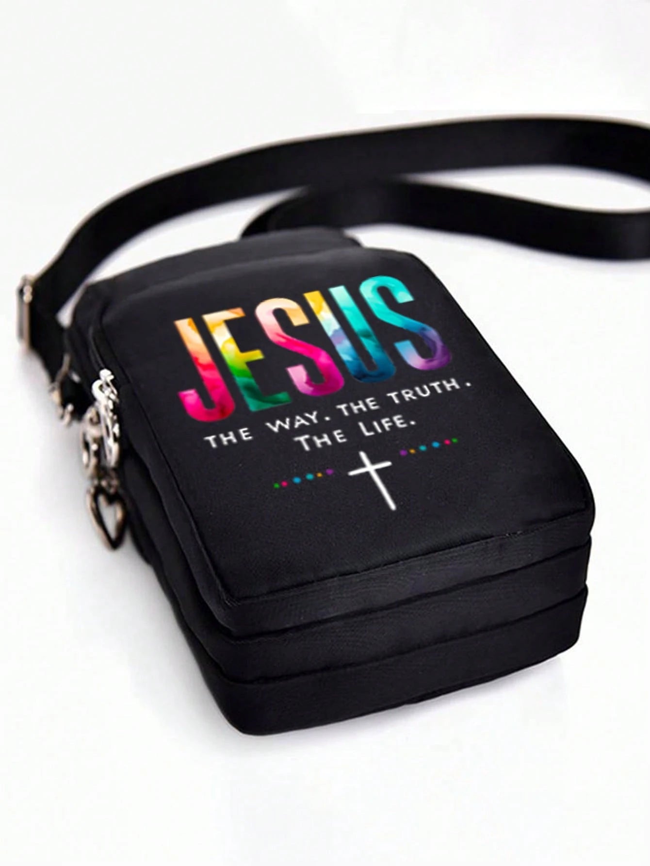 Jesus Cross Print Sling Bag, Mini Outdoor Sports Handbag With Earphone Hole, Phone Pouch, Arm Pouch, Coin Purse, Shoulder Bag, Adjustable Strap, Multi-Zipper Vertical Wallet, Outdoor Sports Arm Pouch
