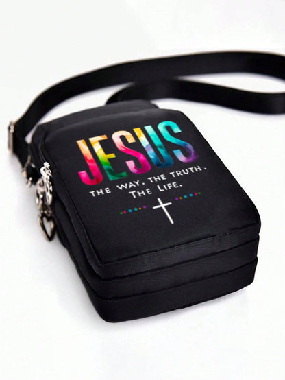 Jesus Cross Print Sling Bag, Mini Outdoor Sports Handbag With Earphone Hole, Phone Pouch, Arm Pouch, Coin Purse, Shoulder Bag, Adjustable Strap, Multi-Zipper Vertical Wallet, Outdoor Sports Arm Pouch