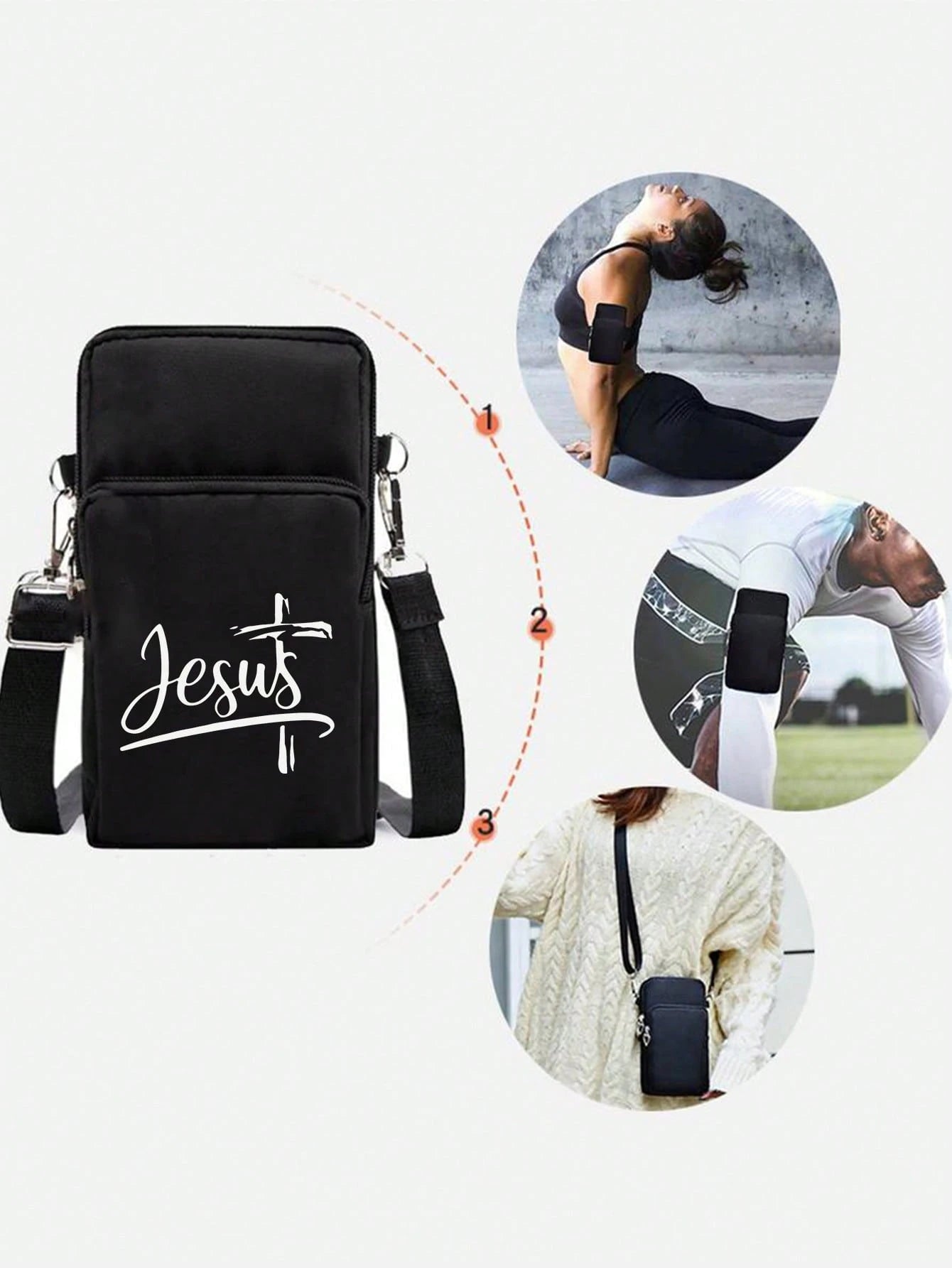 Jesus Cross Print Sling Bag, Mini Outdoor Sports Handbag With Earphone Hole, Phone Pouch, Arm Pouch, Coin Purse, Shoulder Bag, Adjustable Strap, Multi-Zipper Vertical Wallet, Outdoor Sports Arm Pouch