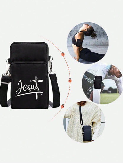 Jesus Cross Print Sling Bag, Mini Outdoor Sports Handbag With Earphone Hole, Phone Pouch, Arm Pouch, Coin Purse, Shoulder Bag, Adjustable Strap, Multi-Zipper Vertical Wallet, Outdoor Sports Arm Pouch