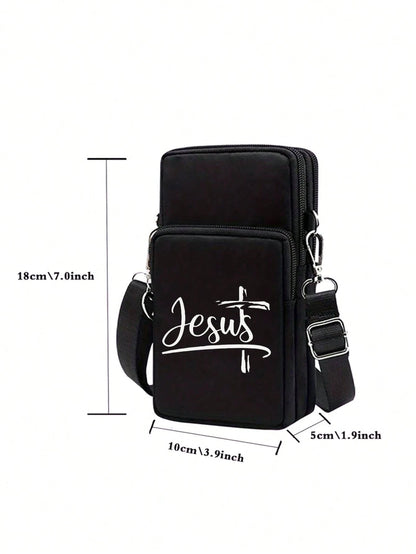 Jesus Cross Print Sling Bag, Mini Outdoor Sports Handbag With Earphone Hole, Phone Pouch, Arm Pouch, Coin Purse, Shoulder Bag, Adjustable Strap, Multi-Zipper Vertical Wallet, Outdoor Sports Arm Pouch