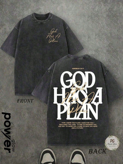 Jesus Tee God Has A Plan Graphic Tee Double-Sided Print Washed T-Shirt Holiday Gifts Y2K Men's Graphic Tees, 230G Cotton T- Shirts,100% Pure Cotton