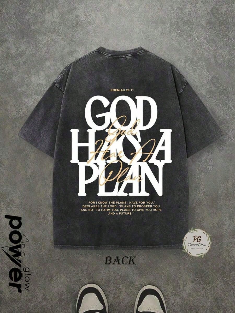 Jesus Tee God Has A Plan Graphic Tee Double-Sided Print Washed T-Shirt Holiday Gifts Y2K Men's Graphic Tees, 230G Cotton T- Shirts,100% Pure Cotton