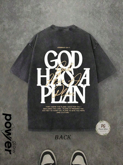 Jesus Tee God Has A Plan Graphic Tee Double-Sided Print Washed T-Shirt Holiday Gifts Y2K Men's Graphic Tees, 230G Cotton T- Shirts,100% Pure Cotton