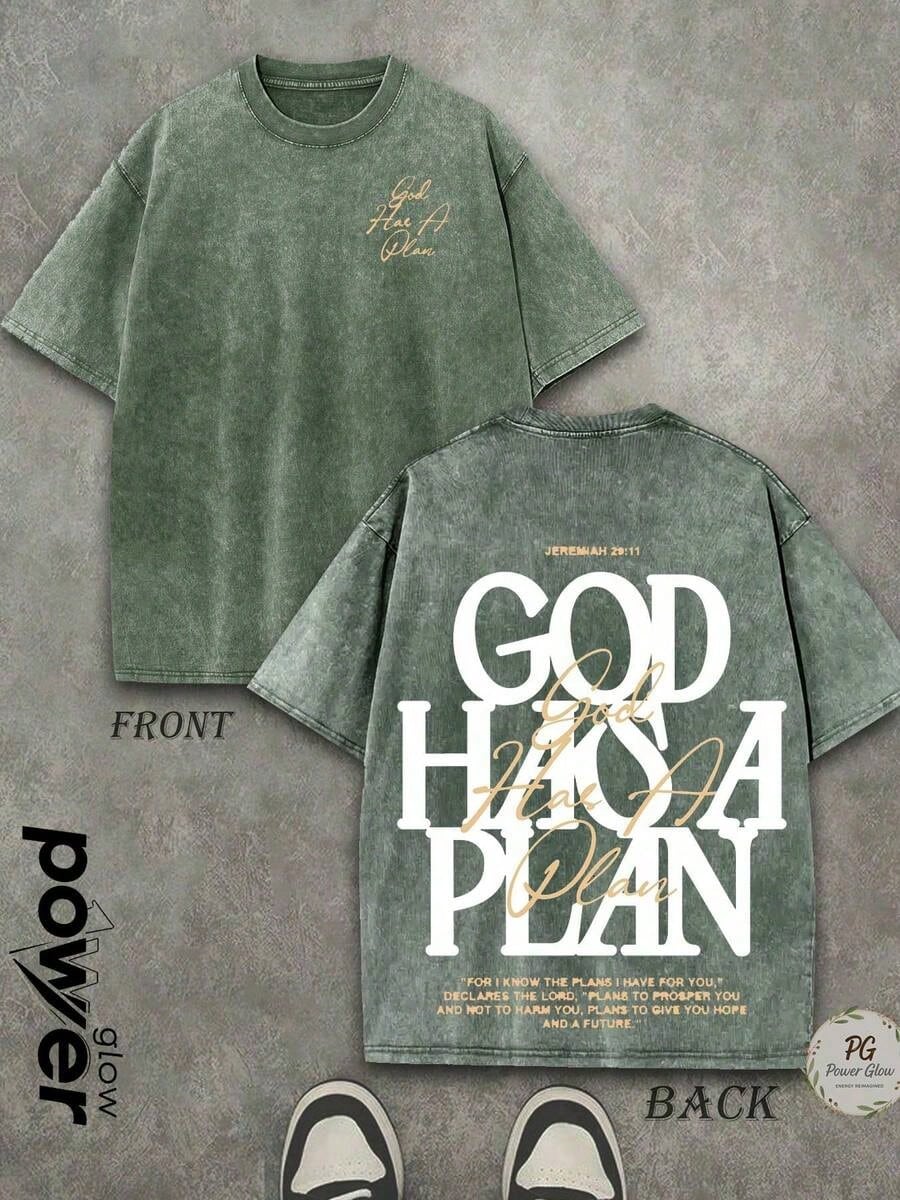 Jesus Tee God Has A Plan Graphic Tee Double-Sided Print Washed T-Shirt Holiday Gifts Y2K Men's Graphic Tees, 230G Cotton T- Shirts,100% Pure Cotton
