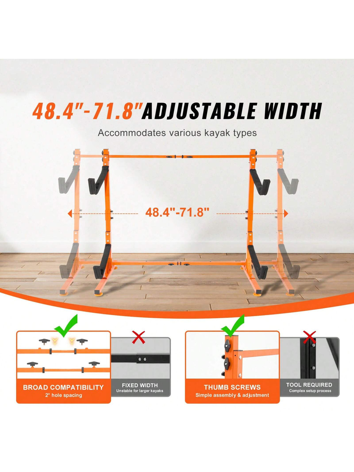Kayak Storage Rack, Overhead Kayak Holder Hanger, Wall Kayak Storage Rack, Freestanding Kayak Storage Rack, For 2/4 Kayak Canoe S U P, Adjustable Height Width, With Padded Arms, For Indoor Outdoor Sto