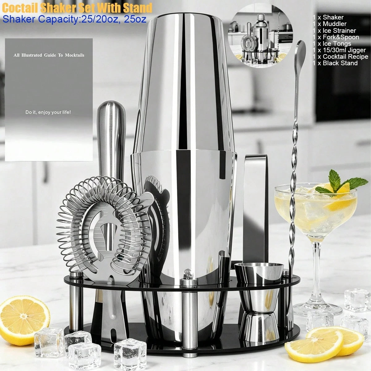 KCJLHGT 6Pcs Boston Cocktail Shaker Set 25/20oz Boston Professional Martini Bartender Kit Shakers Bar Tool With Black Recipe Book