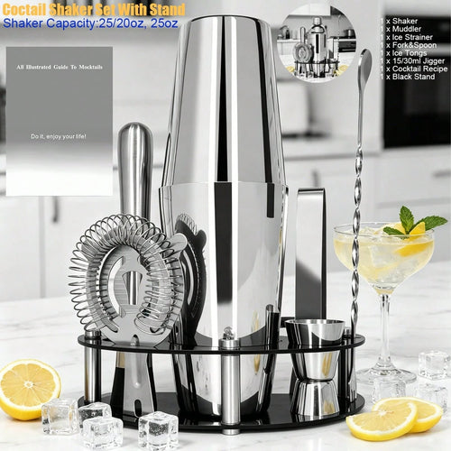 KCJLHGT 6Pcs Boston Cocktail Shaker Set 25/20oz Boston Professional Martini Bartender Kit Shakers Bar Tool With Black Recipe Book