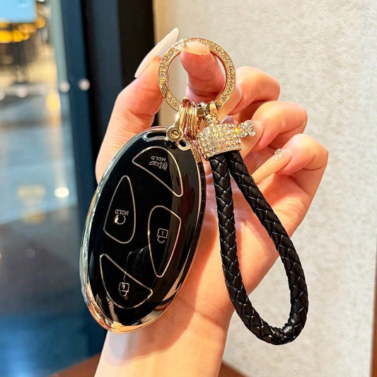 Key Fob Cover For Hyunda With Keychain, Premium TPU Key Case Shell For 2024 2023 Hyunda Ioniq 6, Grandeur GN7, KONA, Elanrtra, Sonata Smart Key Protector (5 Buttons, Gold Border, Black And White)