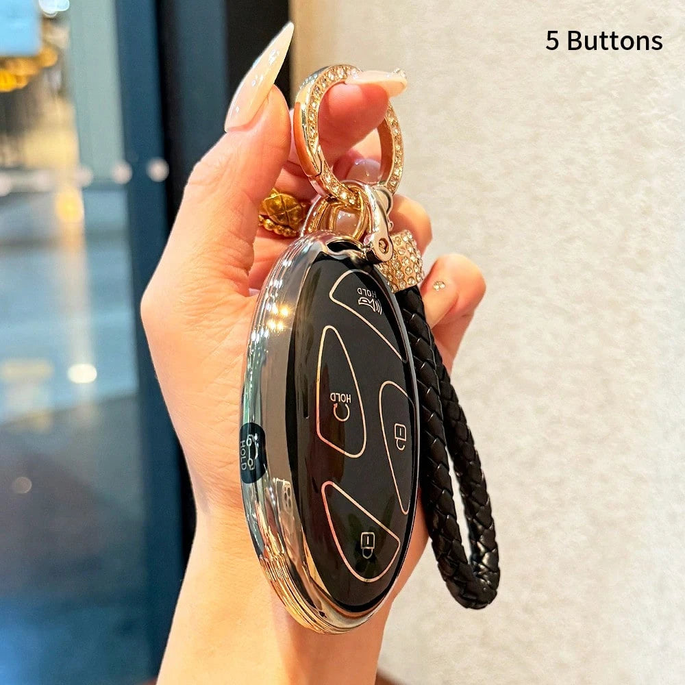 Key Fob Cover For Hyunda With Keychain, Premium TPU Key Case Shell For 2024 2023 Hyunda Ioniq 6, Grandeur GN7, KONA, Elanrtra, Sonata Smart Key Protector (5 Buttons, Gold Border, Black And White)