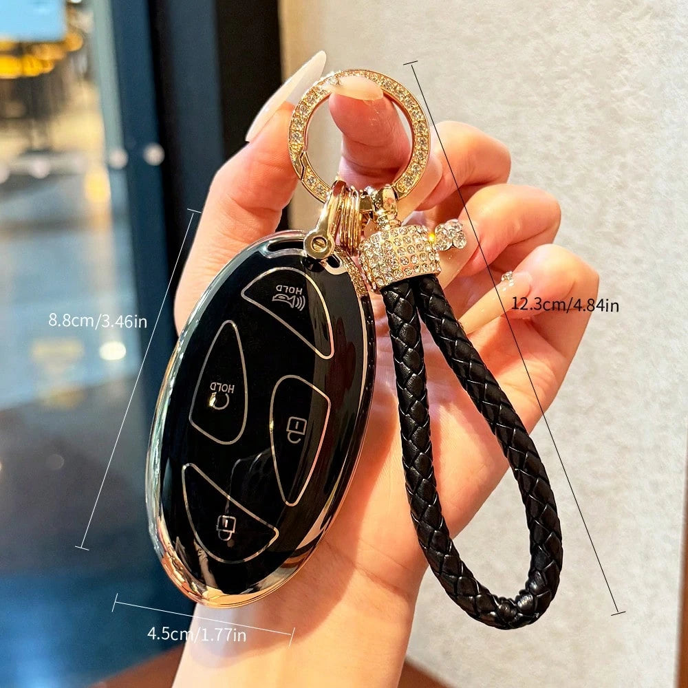 Key Fob Cover For Hyunda With Keychain, Premium TPU Key Case Shell For 2024 2023 Hyunda Ioniq 6, Grandeur GN7, KONA, Elanrtra, Sonata Smart Key Protector (5 Buttons, Gold Border, Black And White)