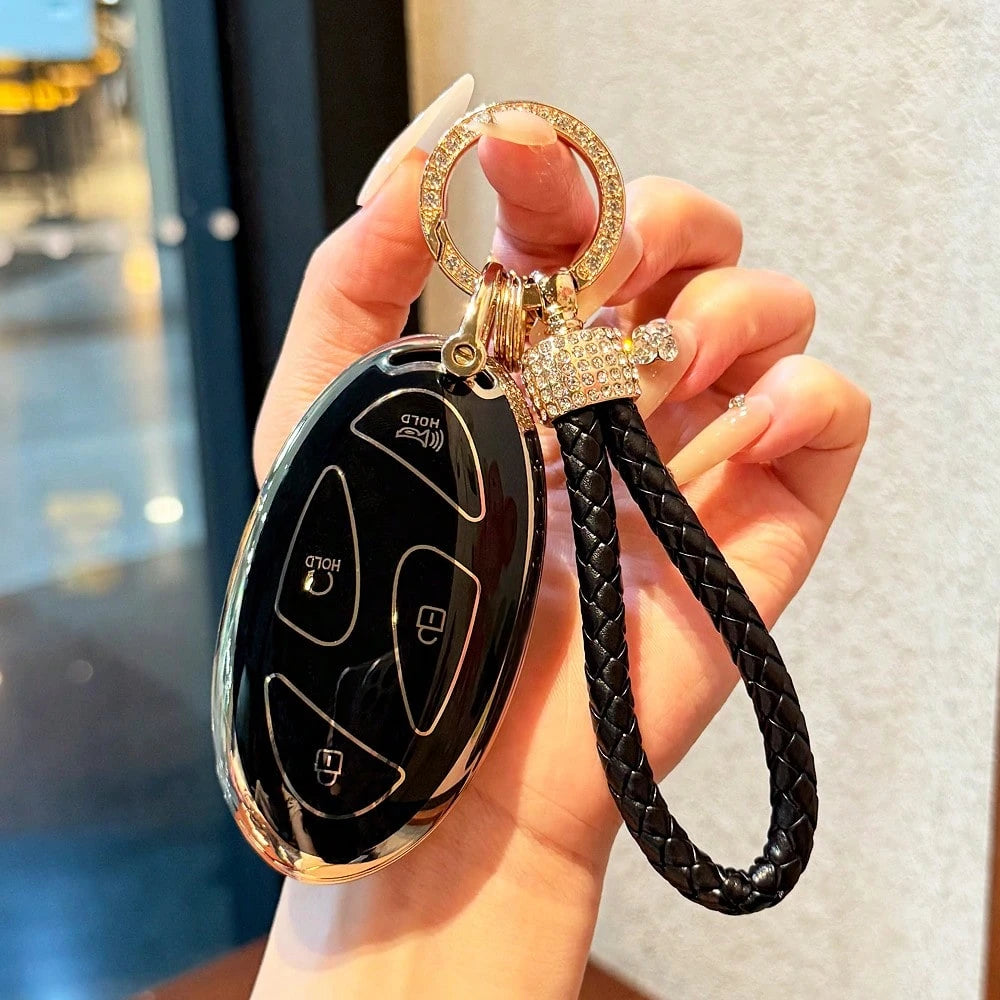 Key Fob Cover For Hyunda With Keychain, Premium TPU Key Case Shell For 2024 2023 Hyunda Ioniq 6, Grandeur GN7, KONA, Elanrtra, Sonata Smart Key Protector (5 Buttons, Gold Border, Black And White)