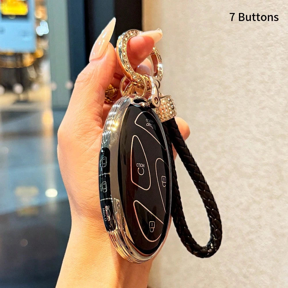 Key Fob Cover For Hyunda With Keychain, Premium TPU Key Case Shell For 2024 2023 Hyunda Ioniq 6, Grandeur GN7, KONA, Elanrtra, Sonata Smart Key Protector (5 Buttons, Gold Border, Black And White)