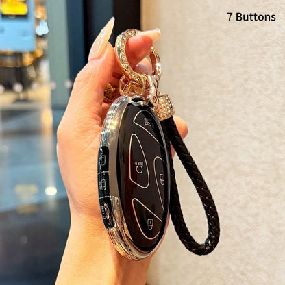 Key Fob Cover For Hyunda With Keychain, Premium TPU Key Case Shell For 2024 2023 Hyunda Ioniq 6, Grandeur GN7, KONA, Elanrtra, Sonata Smart Key Protector (5 Buttons, Gold Border, Black And White)