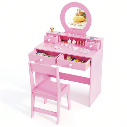 Kids Vanity Set Desk & Chair Set W/ Mirror Open Shelf & 4 Storage Drawers