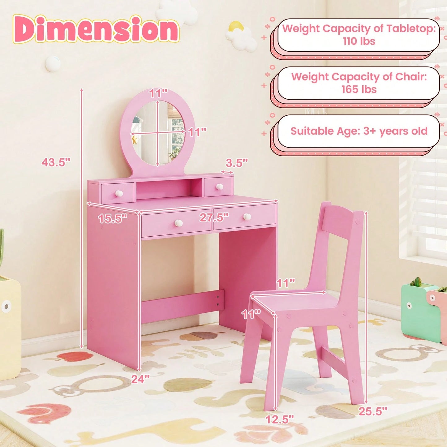 Kids Vanity Set Desk & Chair Set W/ Mirror Open Shelf & 4 Storage Drawers