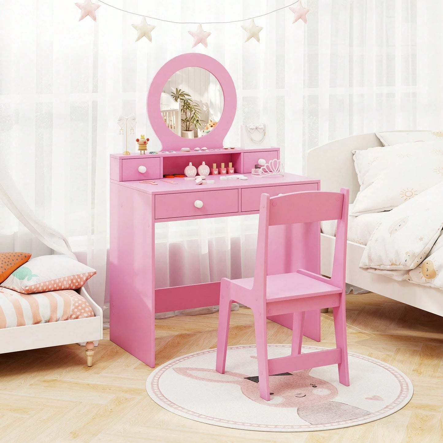 Kids Vanity Set Desk & Chair Set W/ Mirror Open Shelf & 4 Storage Drawers