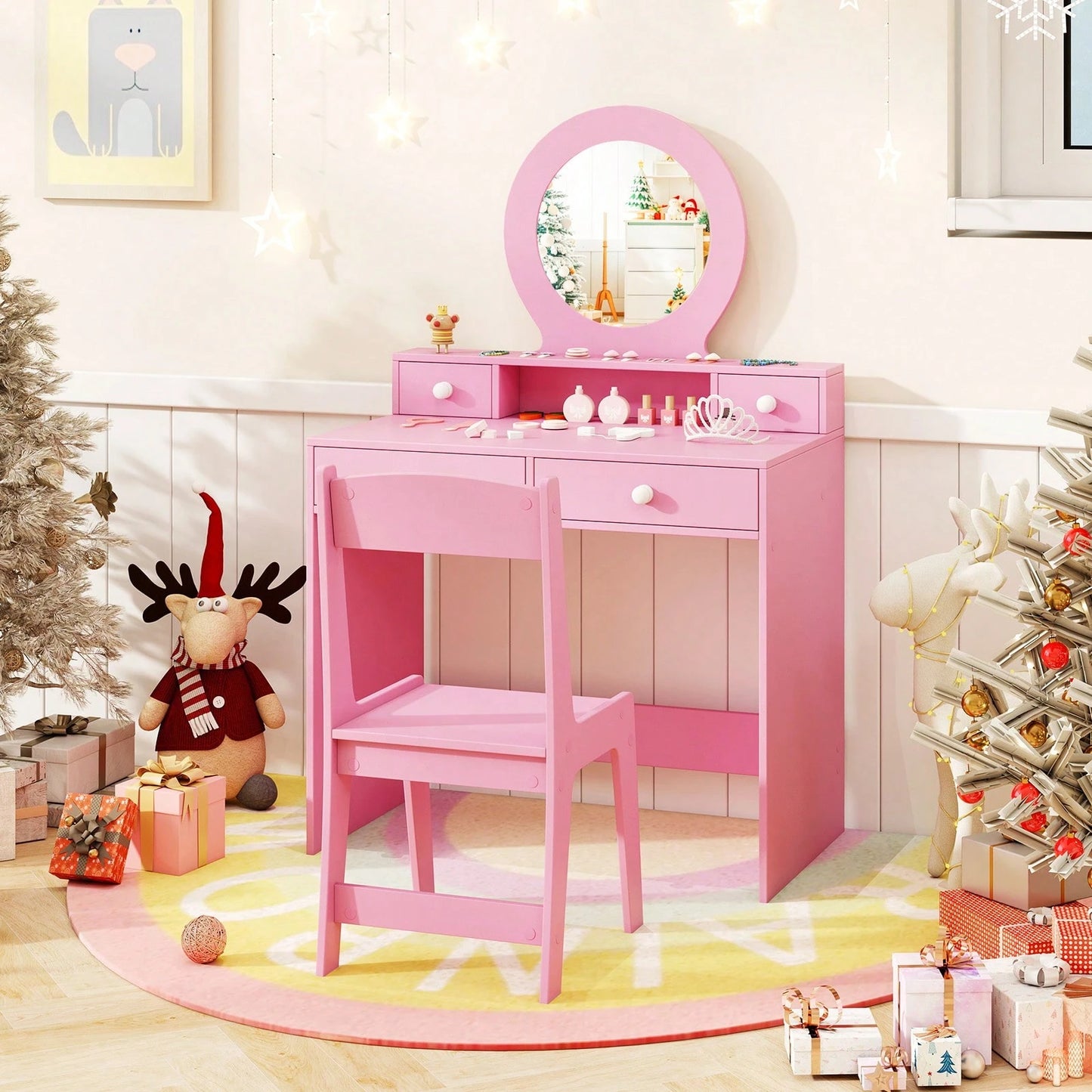Kids Vanity Set Desk & Chair Set W/ Mirror Open Shelf & 4 Storage Drawers