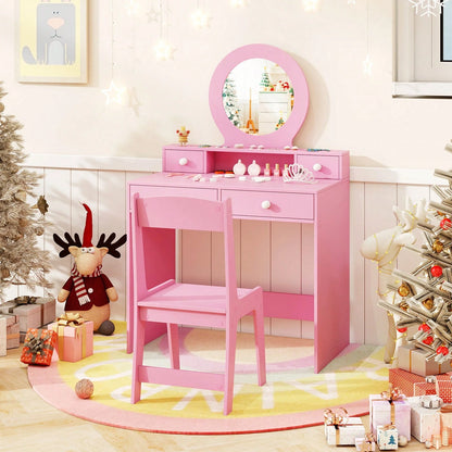 Kids Vanity Set Desk & Chair Set W/ Mirror Open Shelf & 4 Storage Drawers
