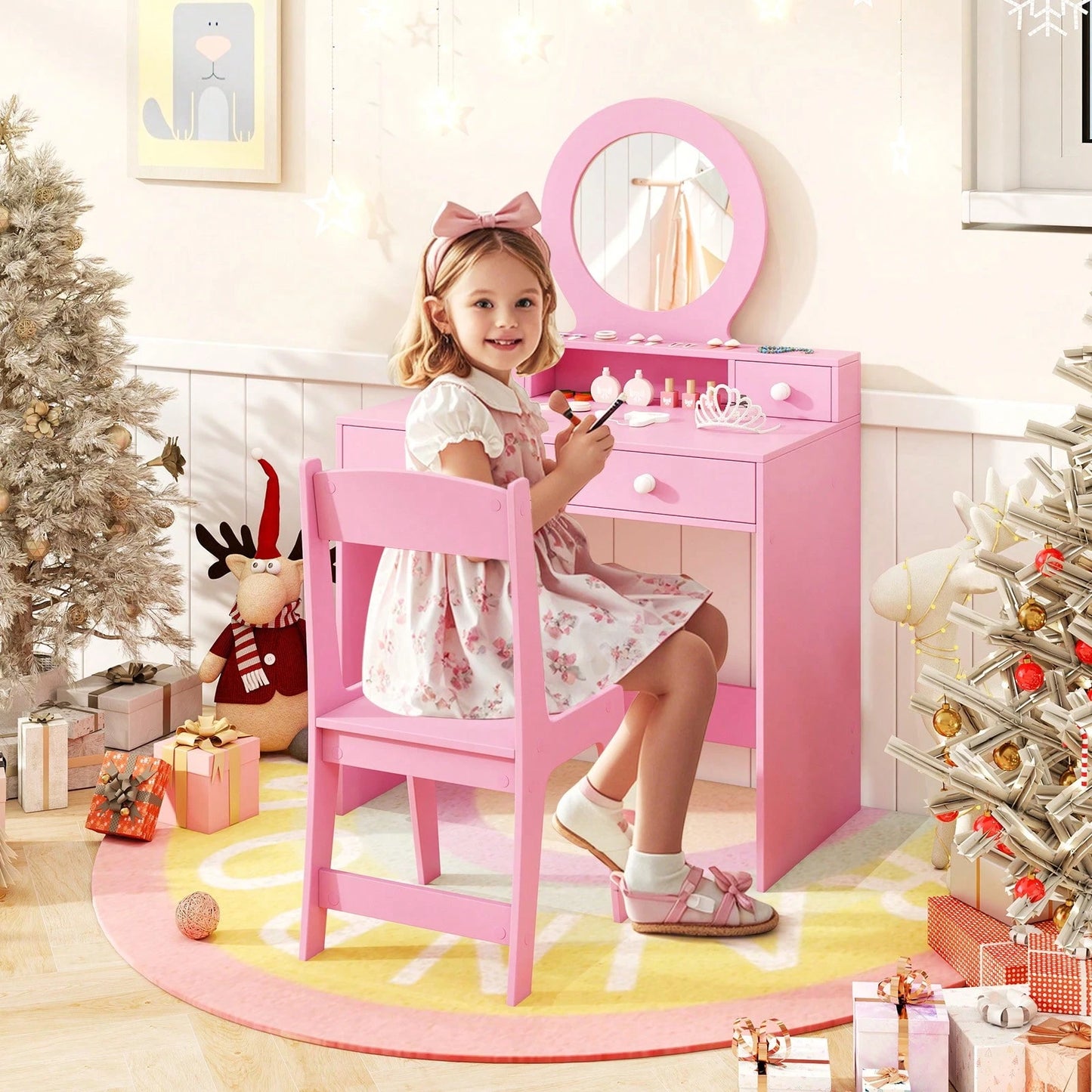 Kids Vanity Set Desk & Chair Set W/ Mirror Open Shelf & 4 Storage Drawers