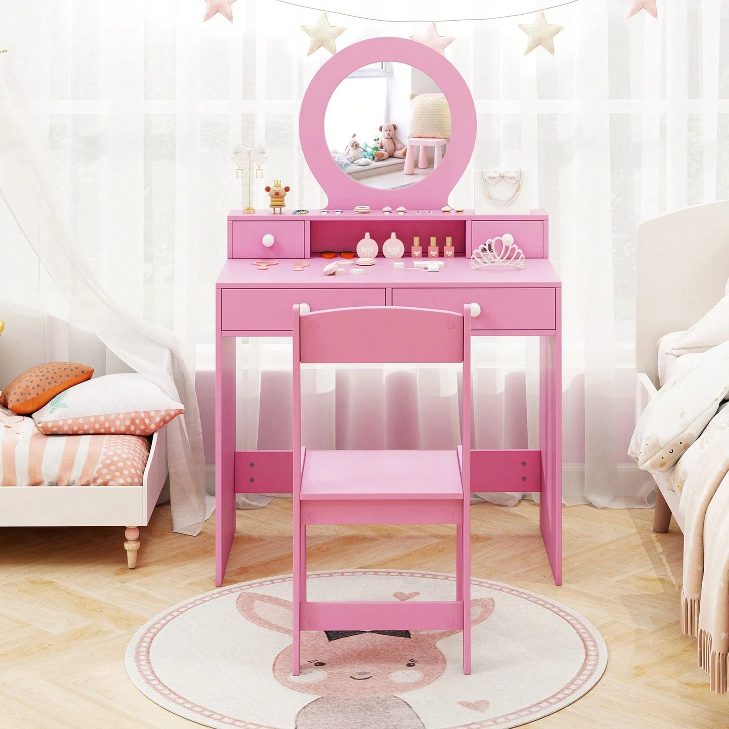 Kids Vanity Set Desk & Chair Set W/ Mirror Open Shelf & 4 Storage Drawers