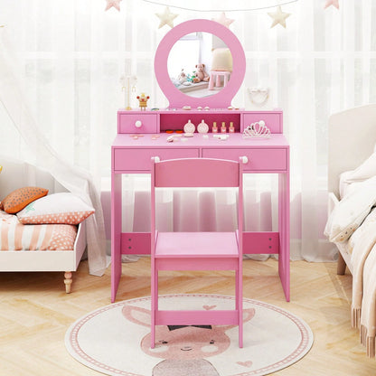 Kids Vanity Set Desk & Chair Set W/ Mirror Open Shelf & 4 Storage Drawers