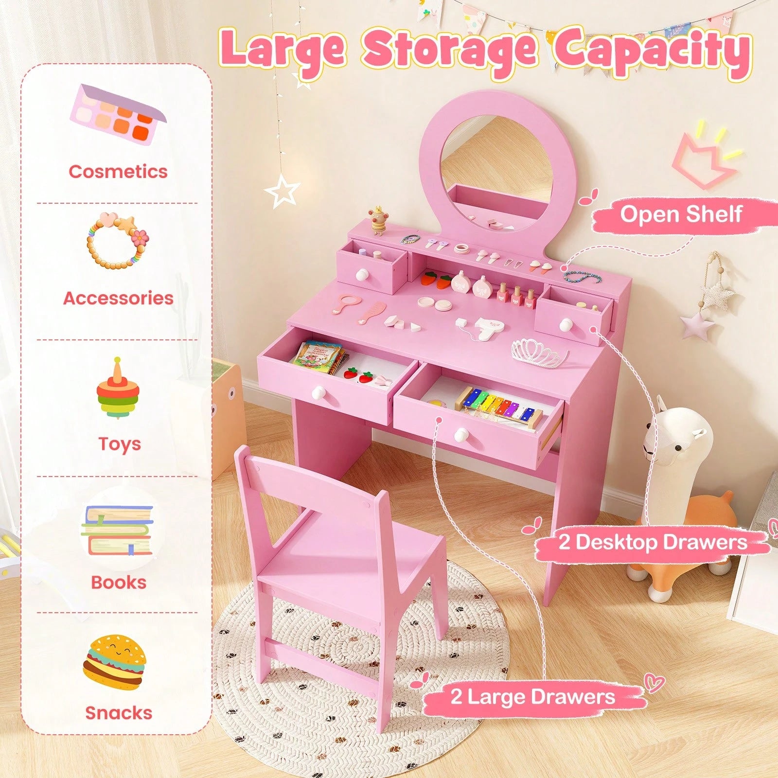 Kids Vanity Set Desk & Chair Set W/ Mirror Open Shelf & 4 Storage Drawers