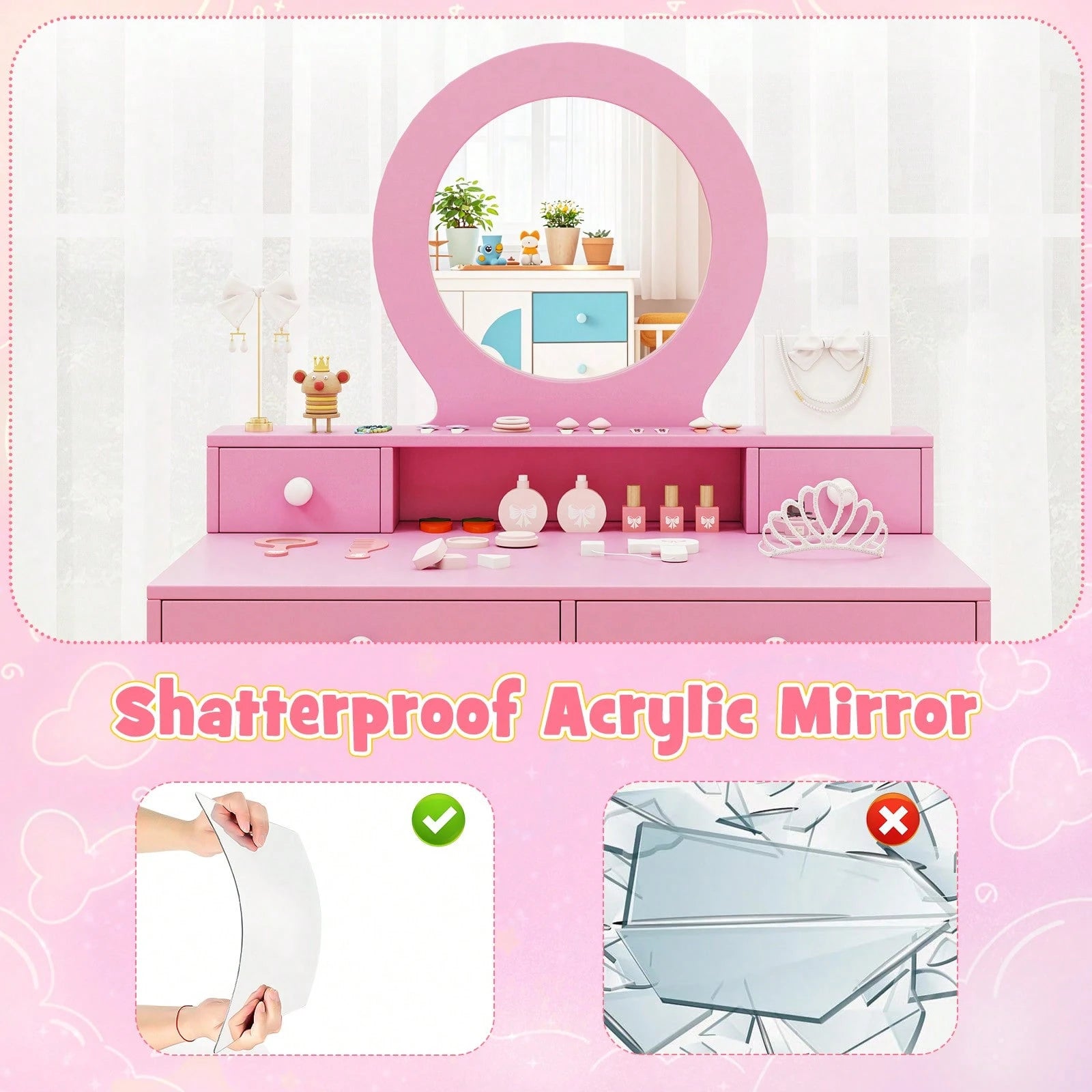 Kids Vanity Set Desk & Chair Set W/ Mirror Open Shelf & 4 Storage Drawers