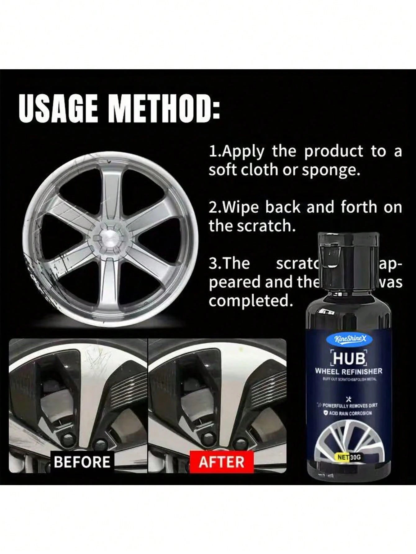 KineShineX Car Tire Scratch Repair Kit, Wheel Repair Polish, Wheel Scratch Rust Fade Remover, Restore The Car's Metal Luster, Wheel Care Wax, Anti-Fading Car Repair Polishing Paste, Make Your Car Look