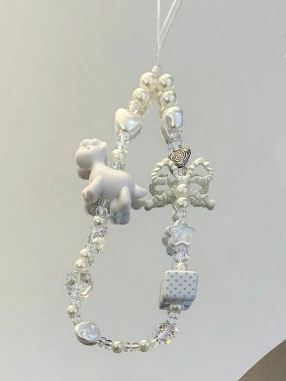 Korean Style White Sheep Phone Case Strap, Handmade Beaded Bow & Star Camera Lanyard, Anti-Lost Cord, Earphone Case, Bag Charm For Women