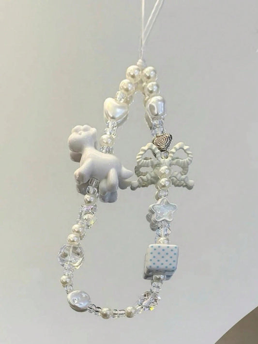 Korean Style White Sheep Phone Case Strap, Handmade Beaded Bow & Star Camera Lanyard, Anti-Lost Cord, Earphone Case, Bag Charm For Women