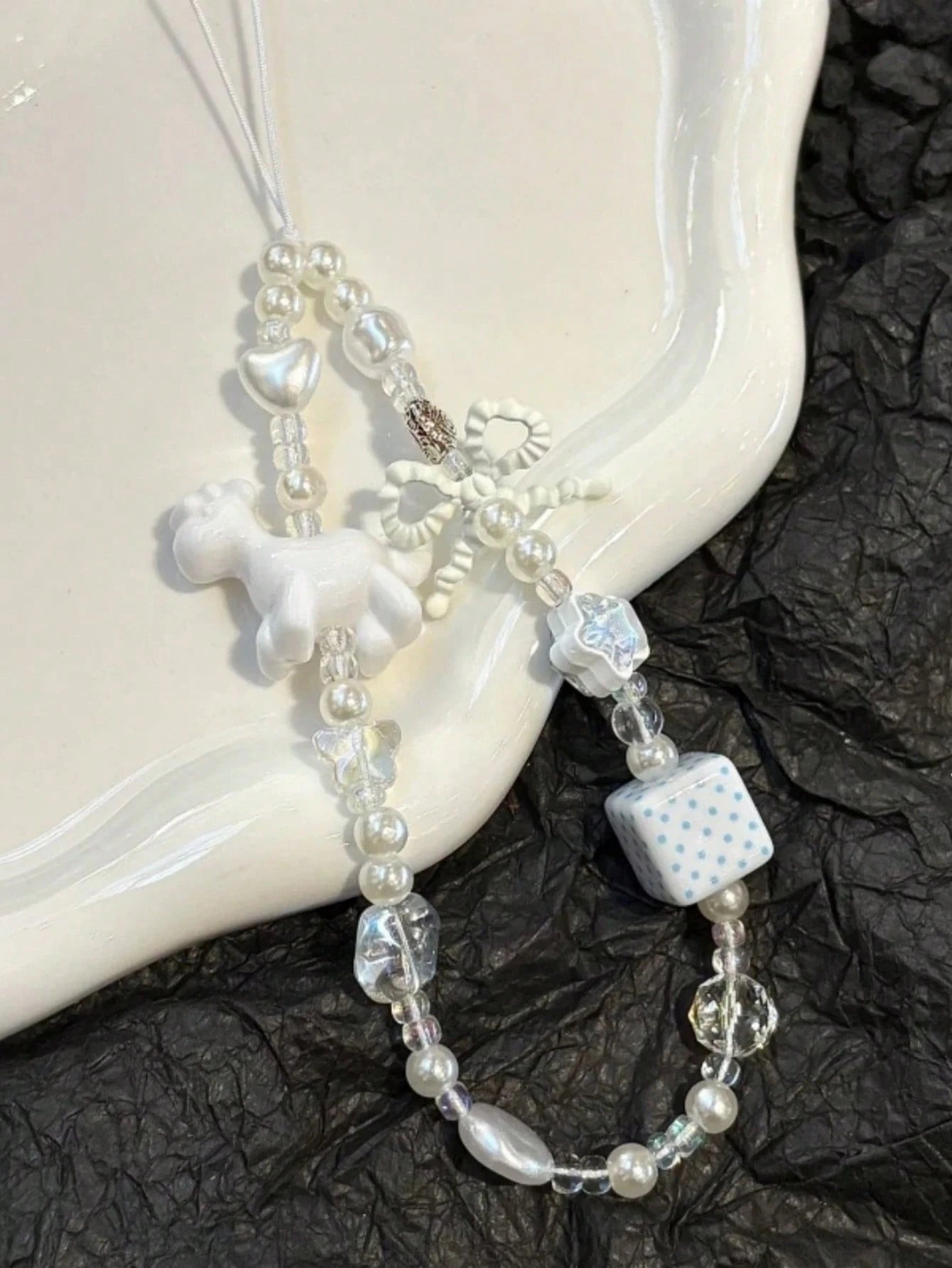 Korean Style White Sheep Phone Case Strap, Handmade Beaded Bow & Star Camera Lanyard, Anti-Lost Cord, Earphone Case, Bag Charm For Women