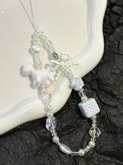 Korean Style White Sheep Phone Case Strap, Handmade Beaded Bow & Star Camera Lanyard, Anti-Lost Cord, Earphone Case, Bag Charm For Women