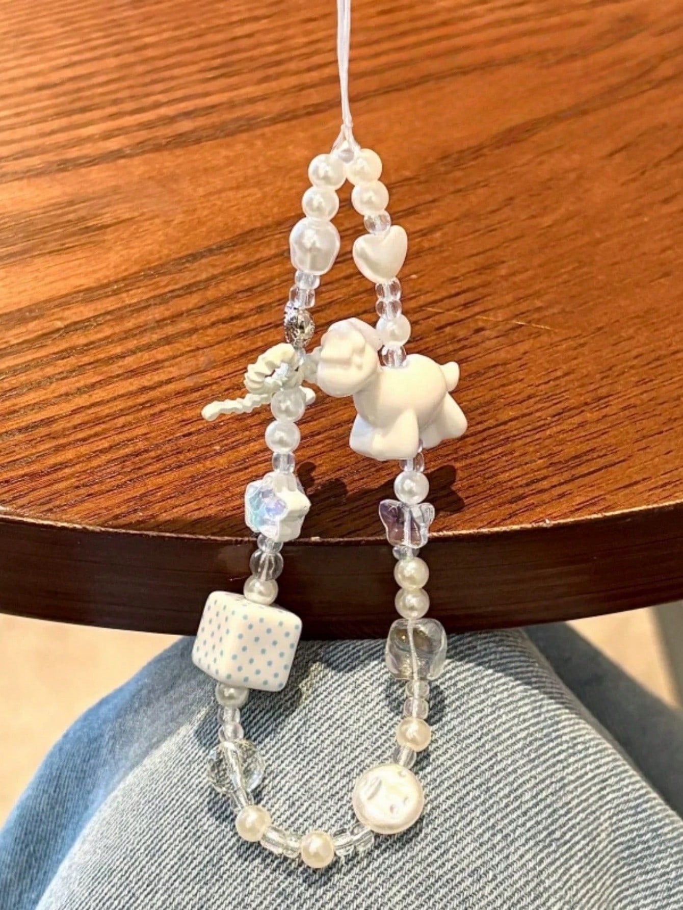 Korean Style White Sheep Phone Case Strap, Handmade Beaded Bow & Star Camera Lanyard, Anti-Lost Cord, Earphone Case, Bag Charm For Women