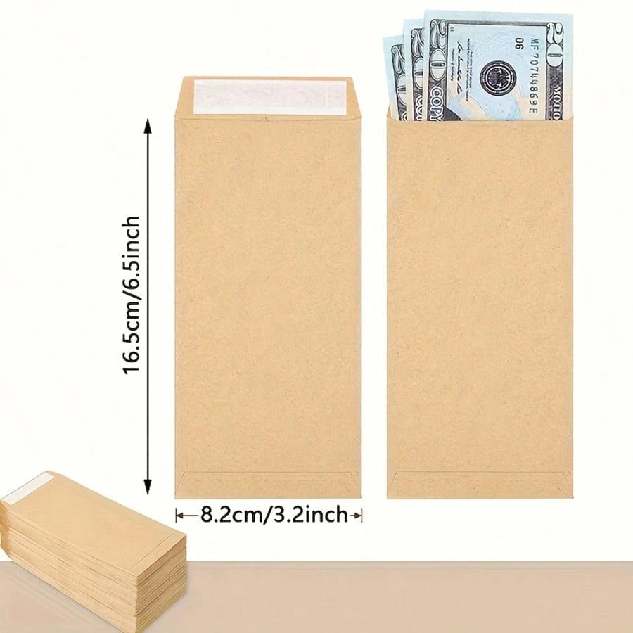 Kraft Paper Cash Envelopes, Small Cash Envelopes, Size 6.5 Inches X 3.2 Inches, Self-Adhesive, Perfect For Saving Money, Storing Coins, Checks, Cash, Budgeting And Organizing Small Items