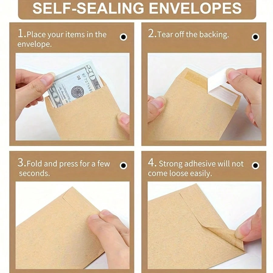 Kraft Paper Cash Envelopes, Small Cash Envelopes, Size 6.5 Inches X 3.2 Inches, Self-Adhesive, Perfect For Saving Money, Storing Coins, Checks, Cash, Budgeting And Organizing Small Items