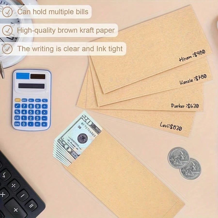 Kraft Paper Cash Envelopes, Small Cash Envelopes, Size 6.5 Inches X 3.2 Inches, Self-Adhesive, Perfect For Saving Money, Storing Coins, Checks, Cash, Budgeting And Organizing Small Items