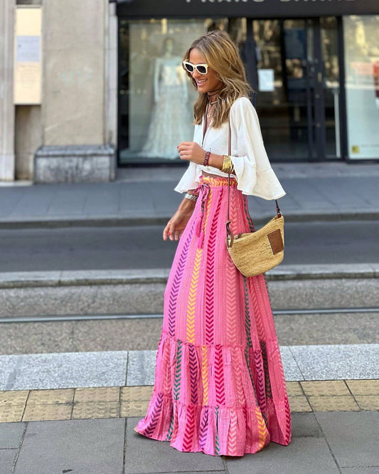 KZKZWK Bohemian Floral Print Tiered Maxi Skirt, Elastic Waist Ruffle Hem, Casual Vacation Skirt