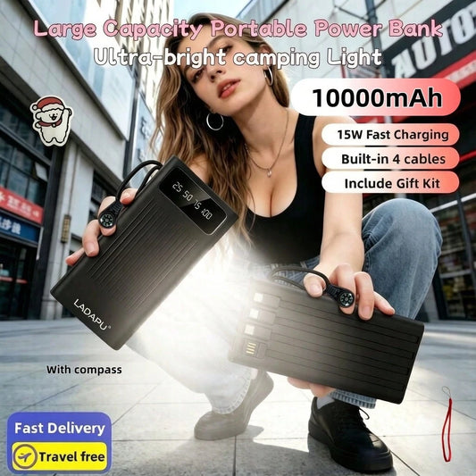 LADAPU 10000/20000/30000mAh 15W Fast Charging Multifunctional Power Bank, Large Capacity Rechargeable Portable Mobile Phone Charger, Ultra-Bright Camping Lights, Built-In 4 Cables, Digital Display, Du