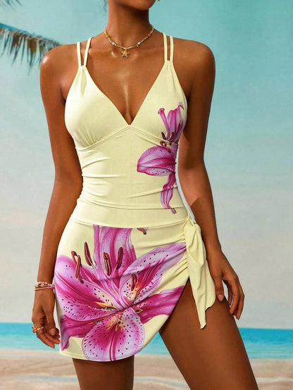 Ladies' Floral Print Tie Front Swim Skirt, Vacation Beach For Summer