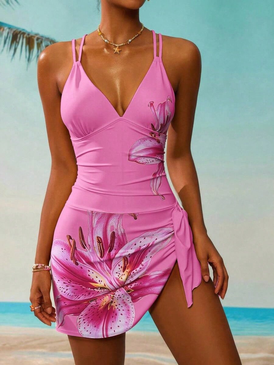 Ladies' Floral Print Tie Front Swim Skirt, Vacation Beach For Summer