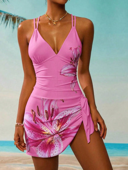 Ladies' Floral Print Tie Front Swim Skirt, Vacation Beach For Summer