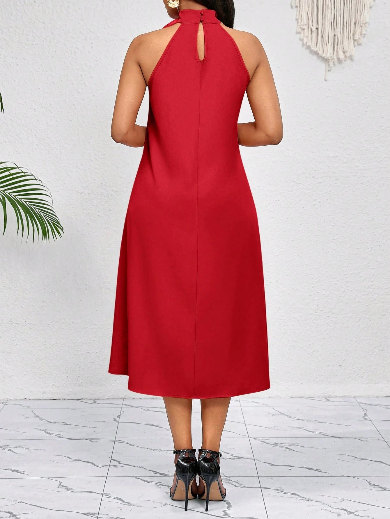Lady 3D Three-Dimensional Flower Ruffles Decorate The Neckline.Red Mid-Length Dress.Elegant Ladies Loose And Casual.Spring Summer Vacation.Bohemian.