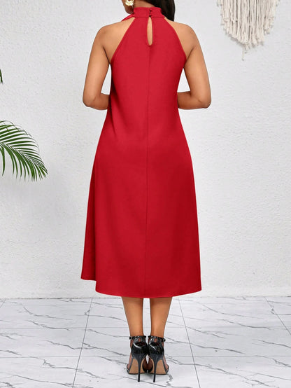 Lady 3D Three-Dimensional Flower Ruffles Decorate The Neckline.Red Mid-Length Dress.Elegant Ladies Loose And Casual.Spring Summer Vacation.Bohemian.