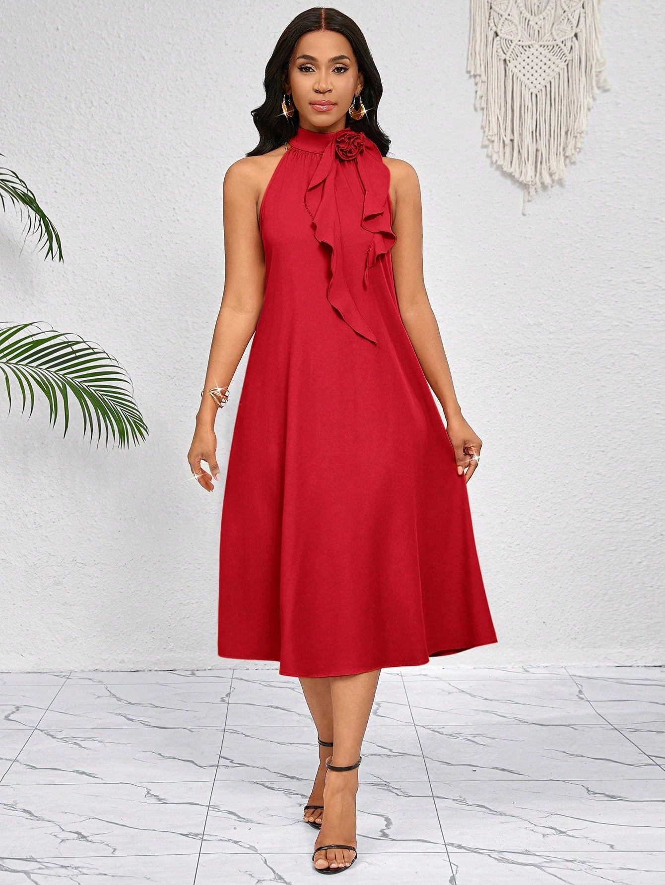 Lady 3D Three-Dimensional Flower Ruffles Decorate The Neckline.Red Mid-Length Dress.Elegant Ladies Loose And Casual.Spring Summer Vacation.Bohemian.
